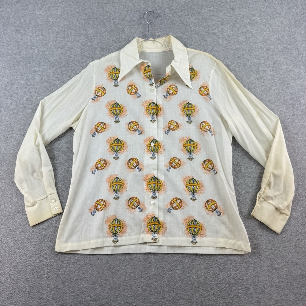 Vintage 60s 70s Hot Air Balloon Women's Big‎ Collar Dagger Blouse Button Shirt L